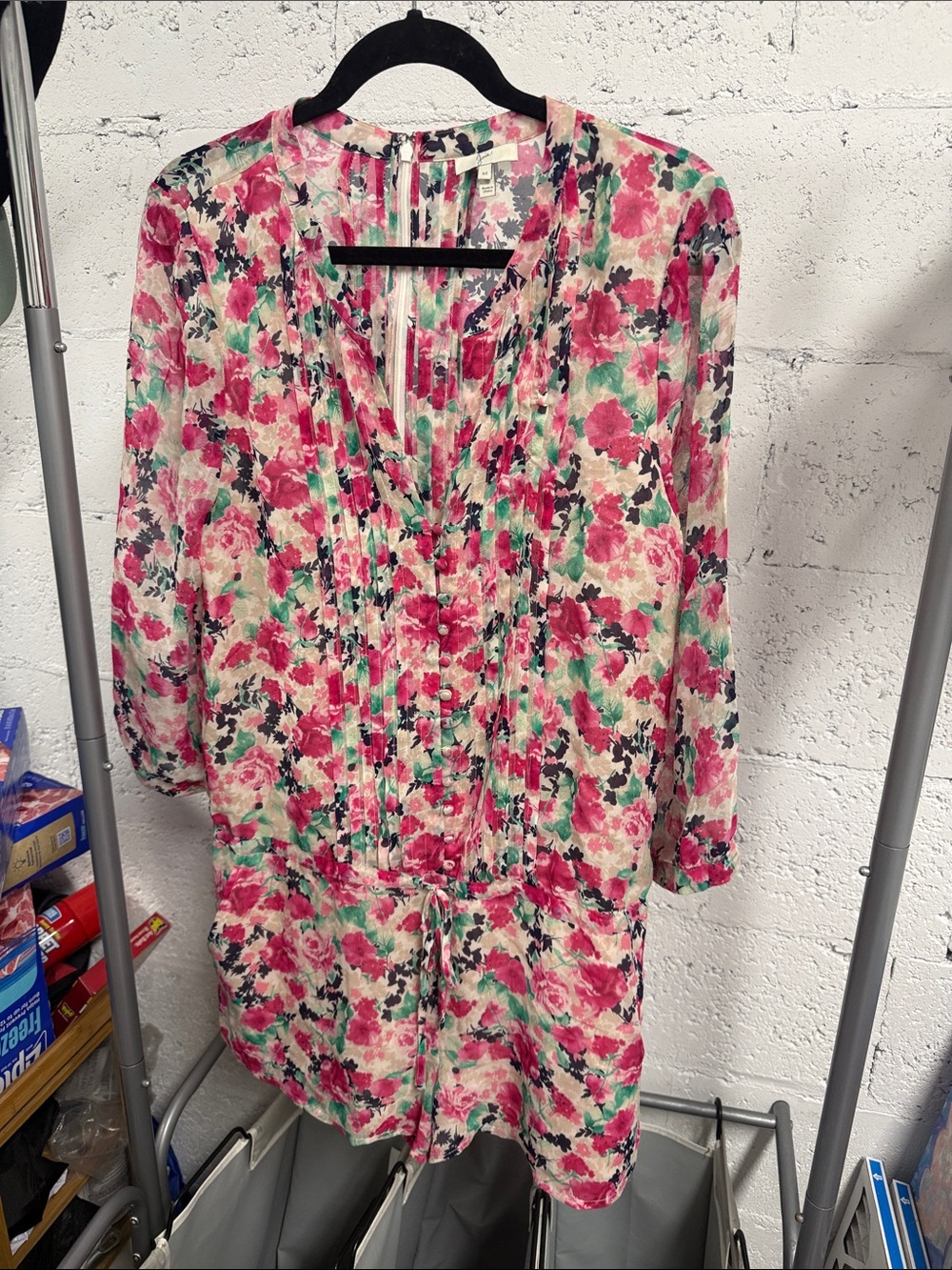 Floral Pintuck V-Neck Women's Romper - Pink & Green Shorts - Medium Chiffon